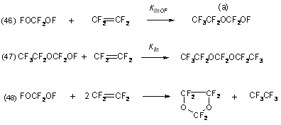CF2(OF)2/CF2=CF2 reaction schemes for the preparation of linear perfluoroethers and perfluorodioxolane